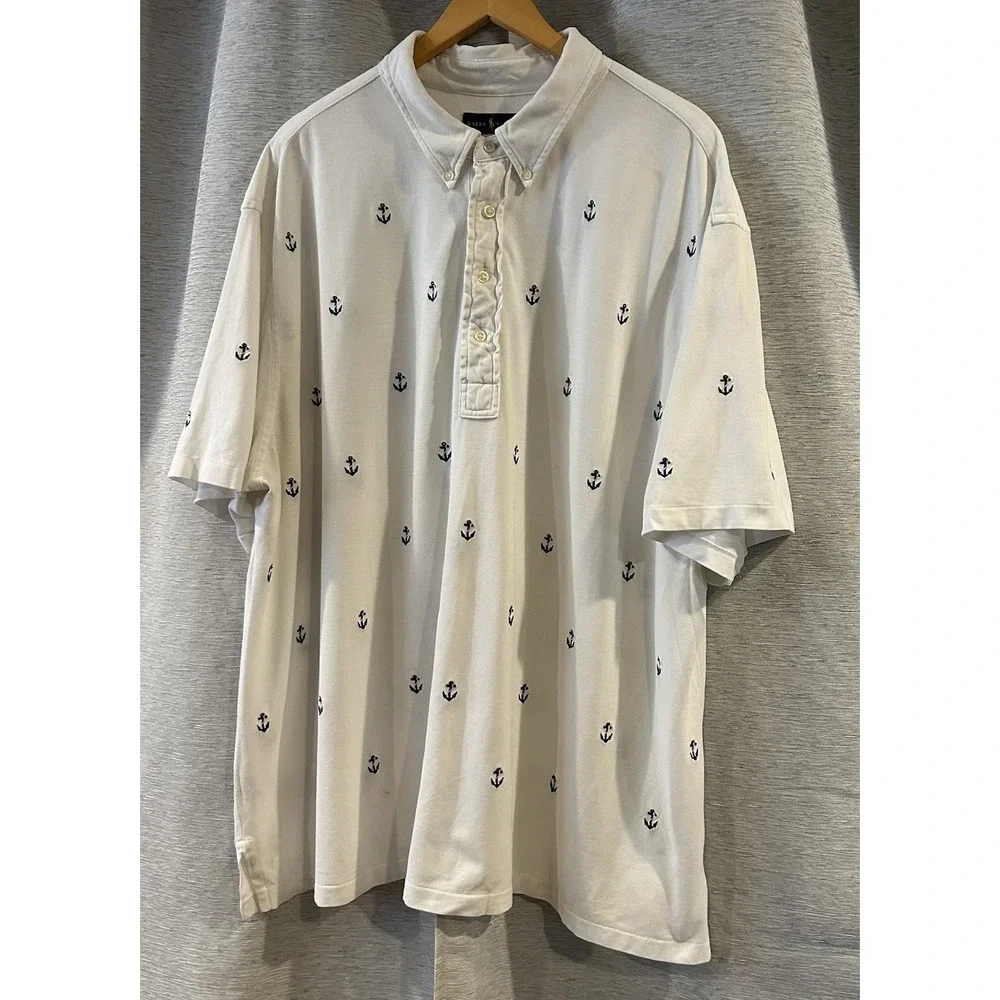 Polo Ralph Lauren Men's White Knit Oxford Polo Shirt Mens 3XB Anchor Embroidered